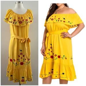 Red Dot Boutique Off The Shoulder Embroidered Dress Yellow Plus Size 1X NWT